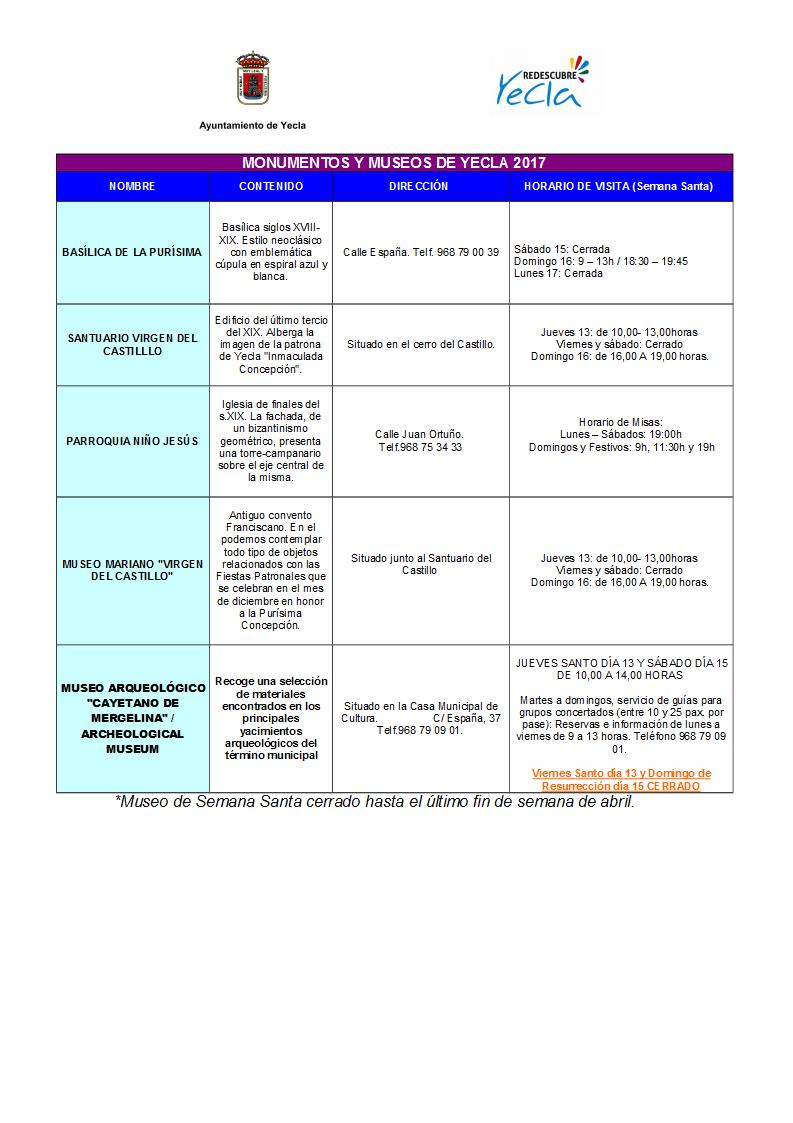 Horarios museos Yecla Semana Santa