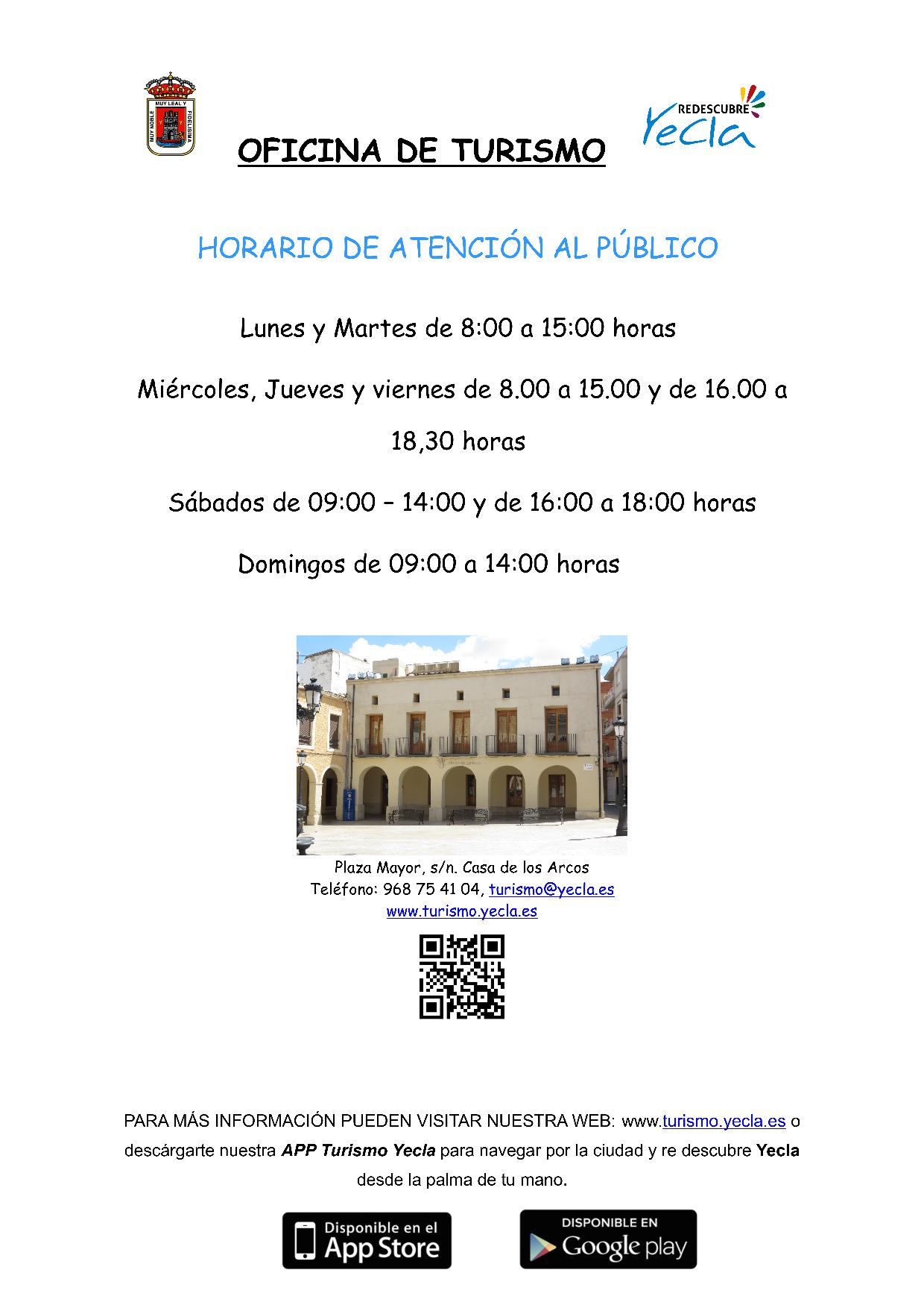 Horario de atención al público de la Oficina de Turismo de Yecla