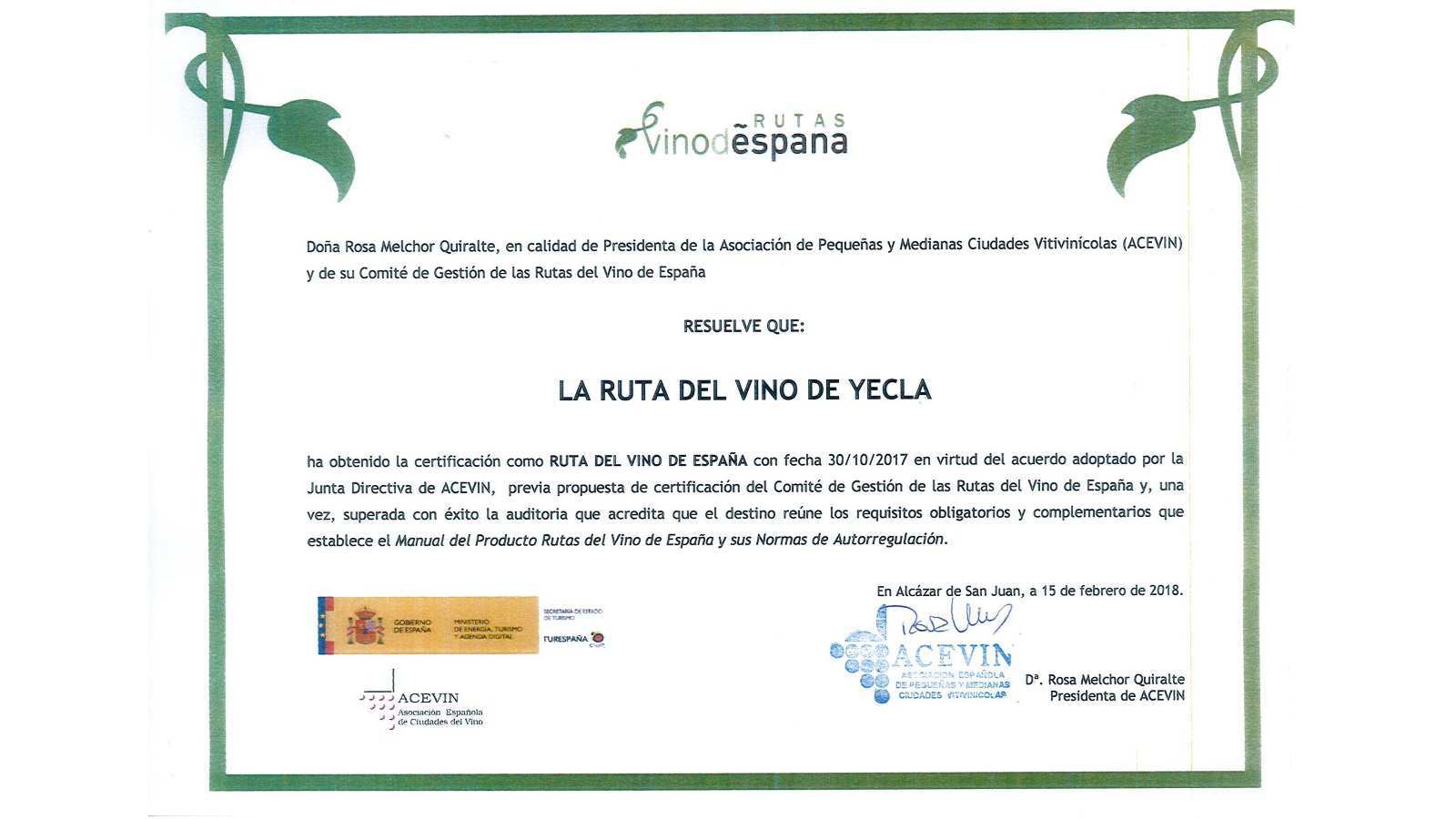 La ruta del vino Yecla mantiene su distinción de calidad