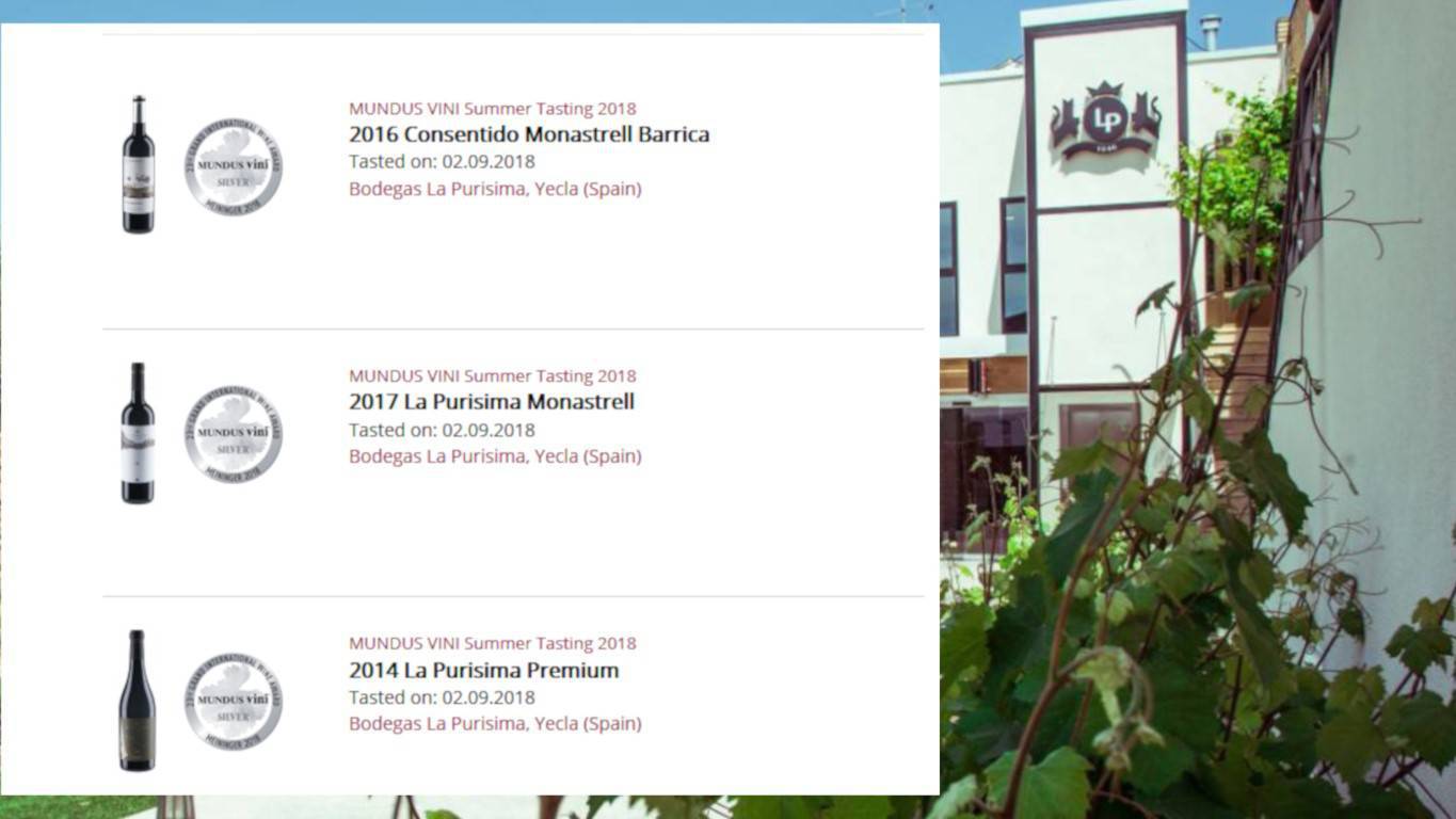 Los vinos premiados han sido:      Consentido Monastrell Barrica 2016, medalla de plata.     La Purisima Monastrell 2017, medalla de plata.     La Purisima Premium 2014, medalla de plata.