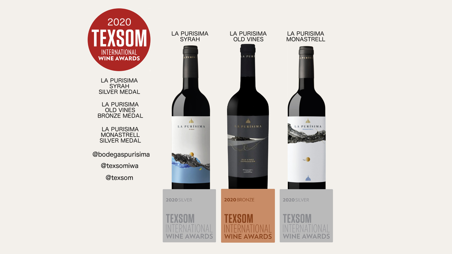 Bodegas la Purísima en Texsom International wine Awards 2020, 3 medallas